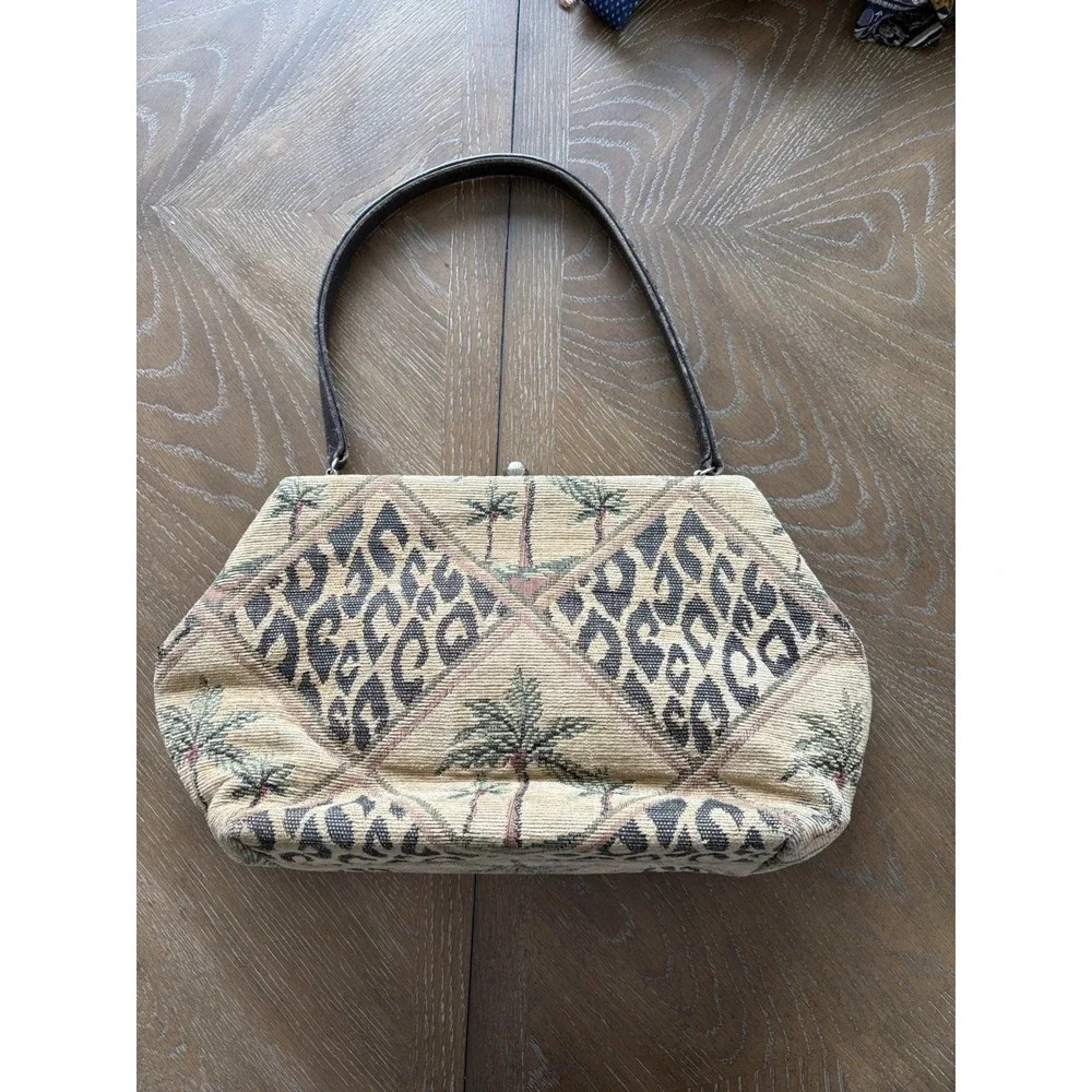 Bettina‎ Duncan Tapestry Handbag Leopard Palm Tree Kiss Lock Satchel Tan Brown